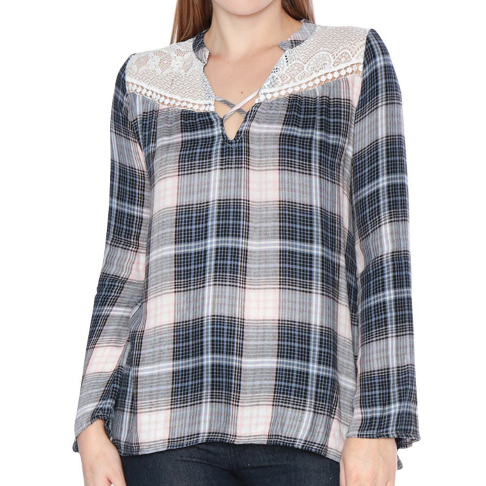 Self Esteem Plaid Peasant Blouse